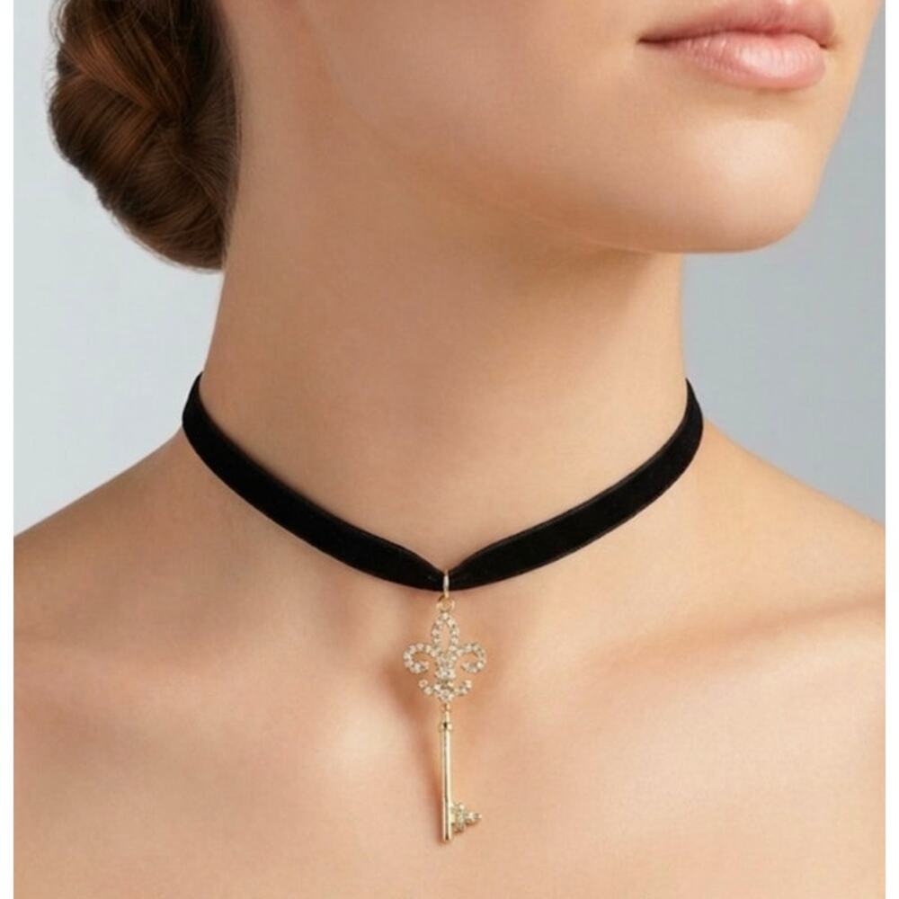 Handmade Minimalist Black Velvet Choker with Goldtone Rhinestone Skeleton Key